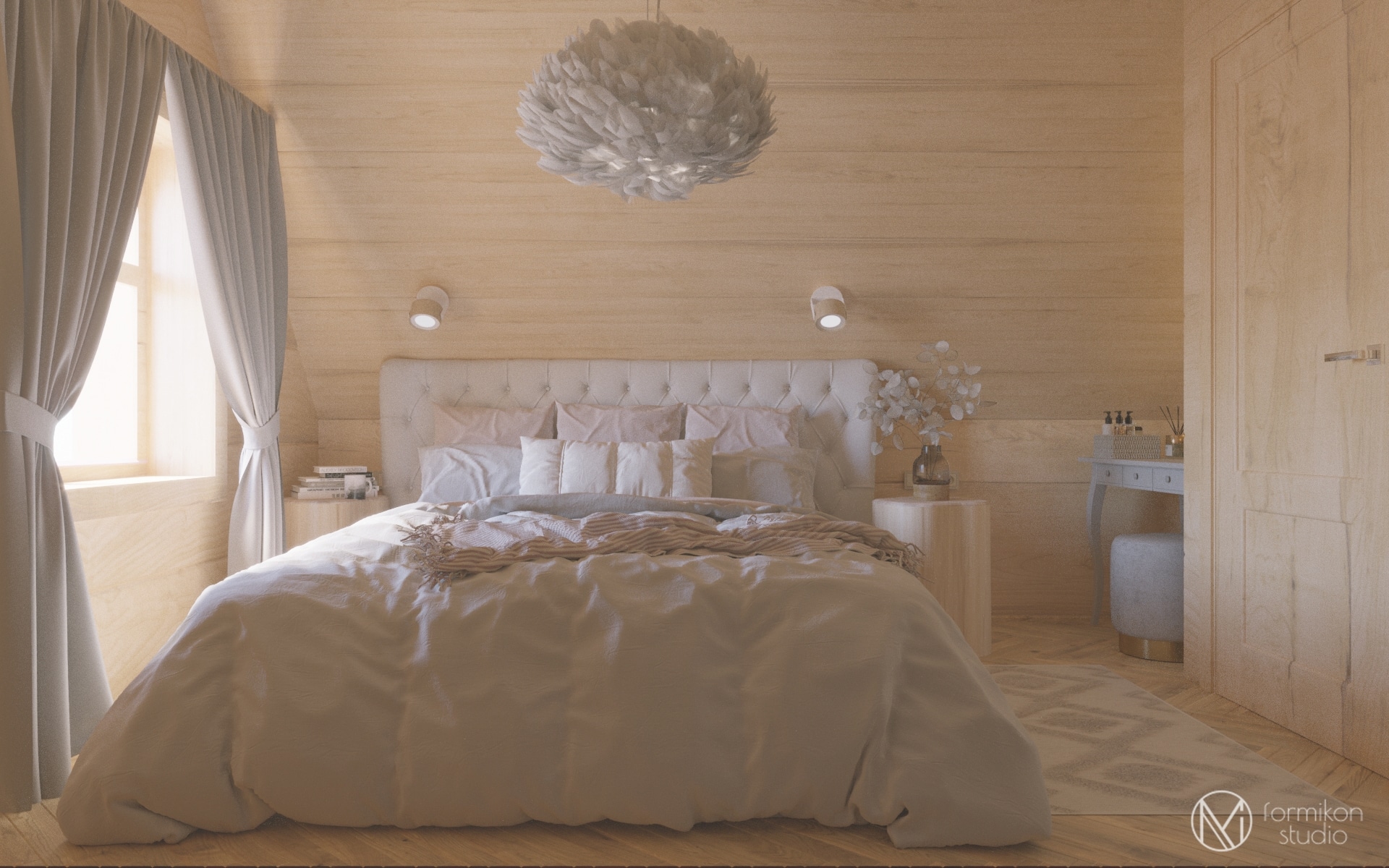projekt sypialni w stylu góralskim. Chalet style bedroom
